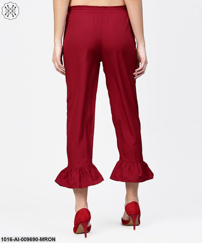 Maroon Ankle Length Crepe Straight Palazzo With Belt