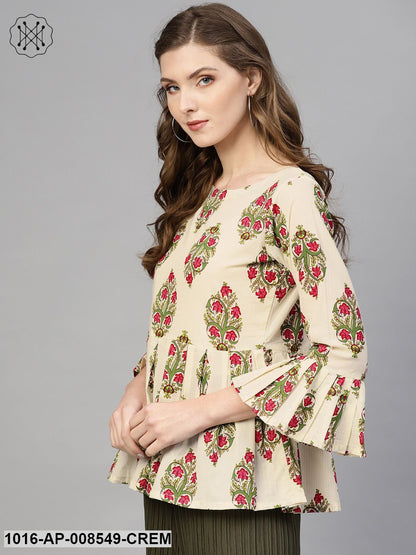 Cream Multi Colored Floral Printed Top With Round & 3/4 Sleeves