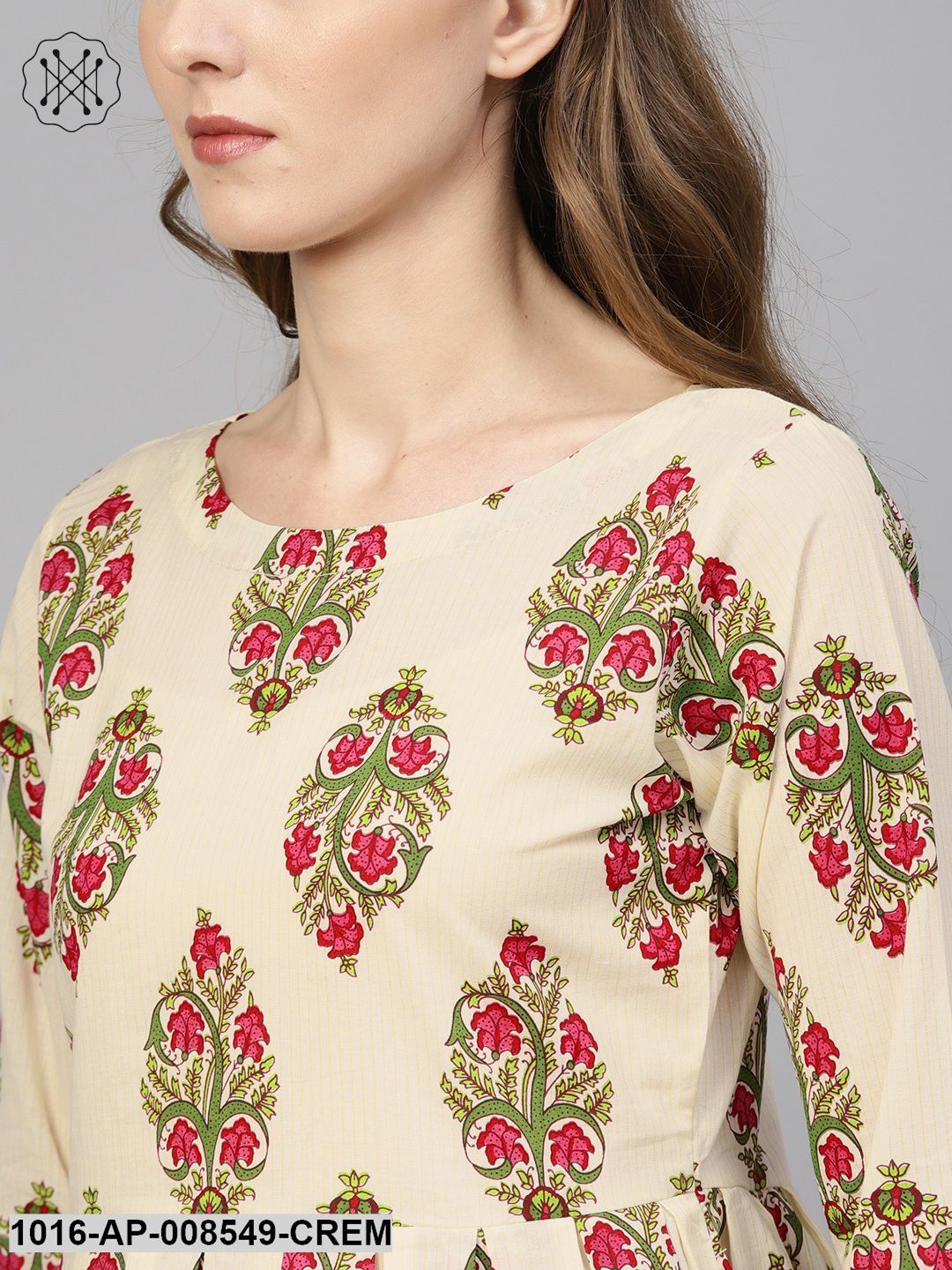 Cream Multi Colored Floral Printed Top With Round & 3/4 Sleeves