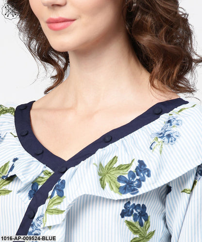 Blue Striped 3/4Th Sleeve Cold Shoulder Ruffle Top