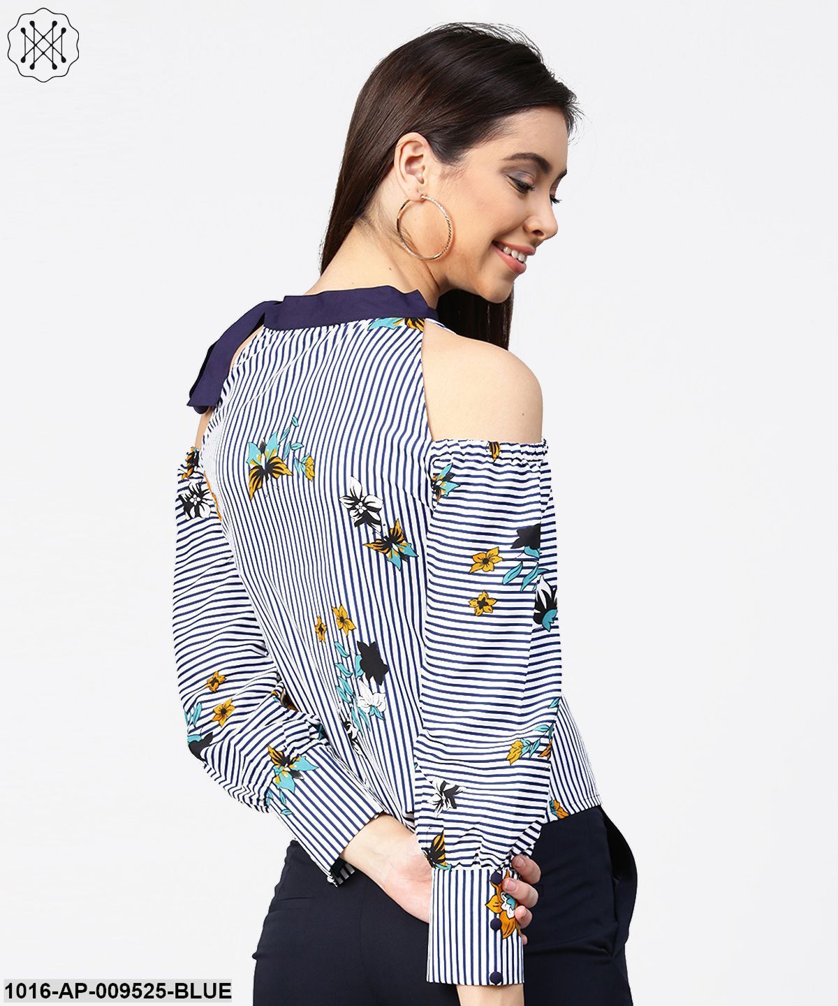 Blue Striped Flower Print Full Sleeve Cold Shoulder Top