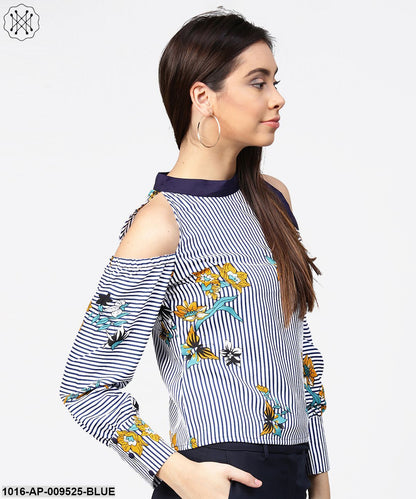 Blue Striped Flower Print Full Sleeve Cold Shoulder Top