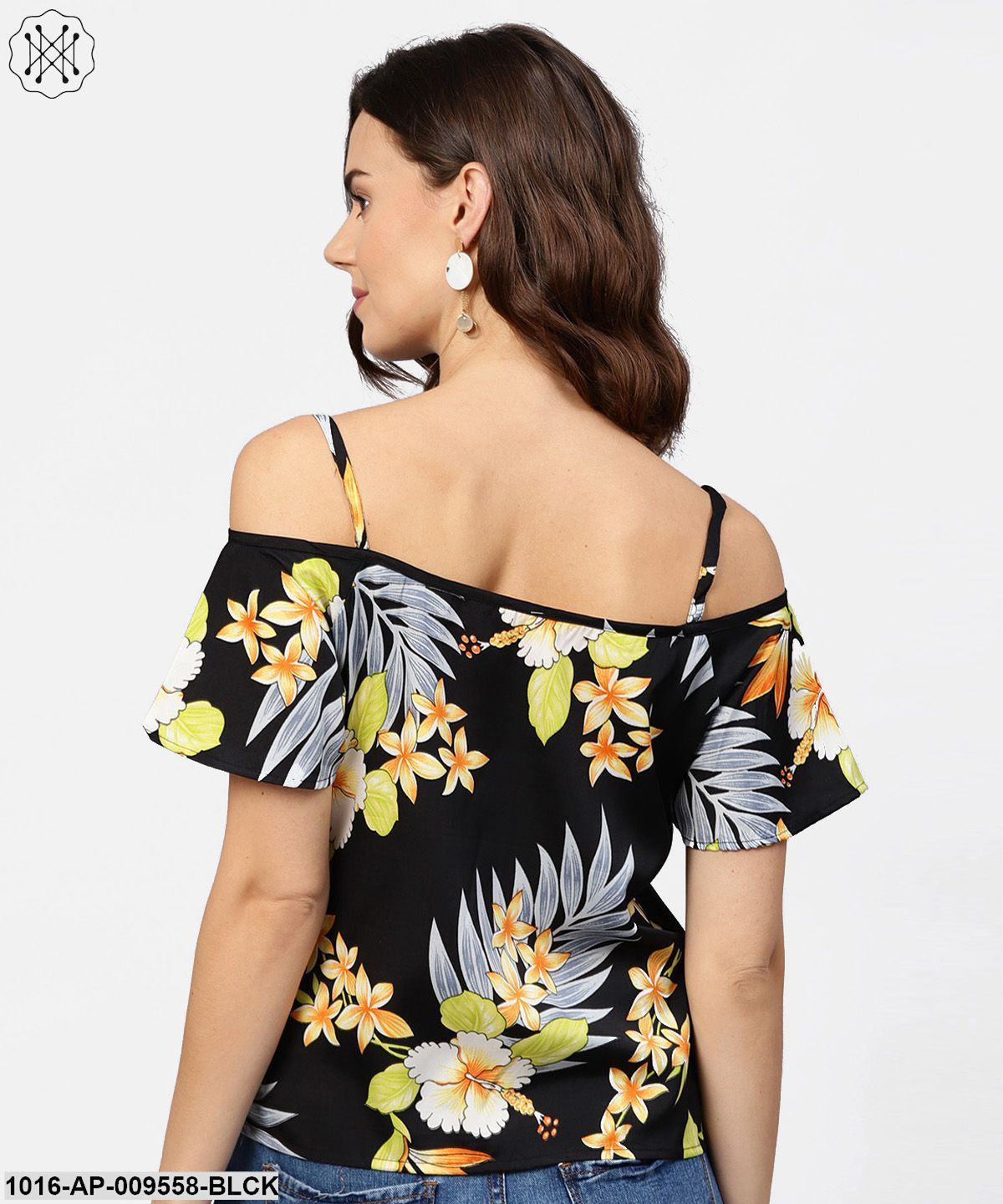 Black Printed Shoulder Straps Cold Shoulder Half Sleeve Top