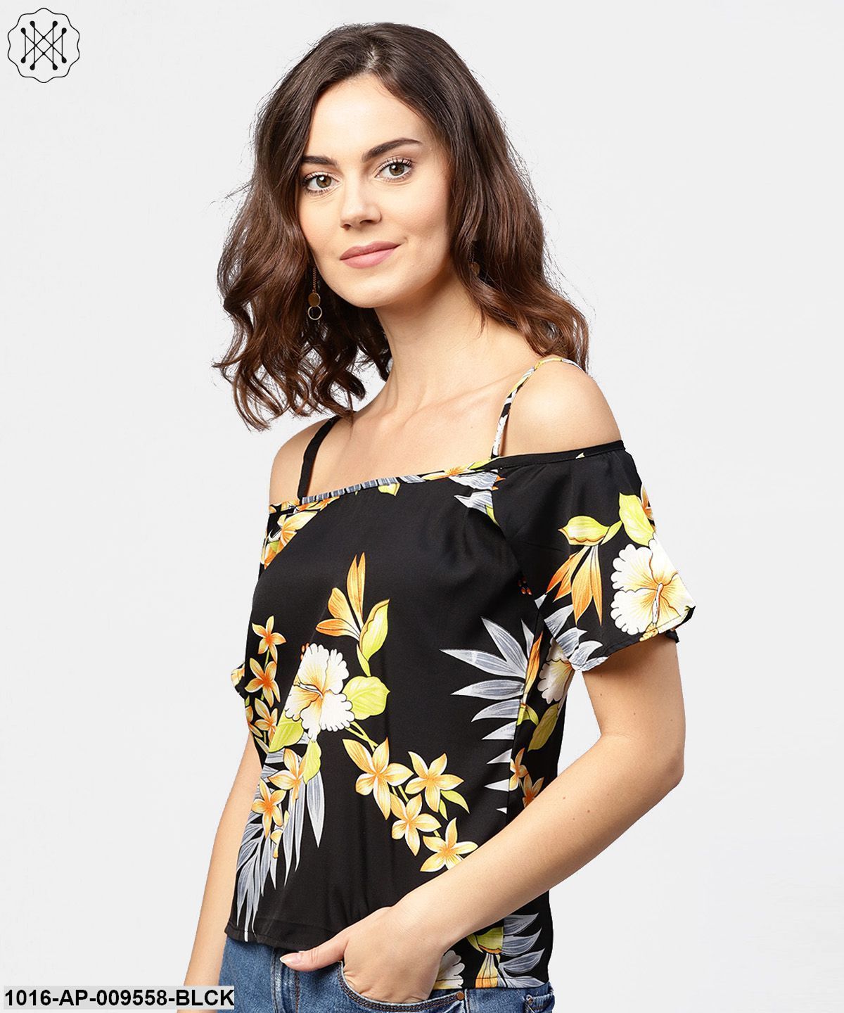 Black Printed Shoulder Straps Cold Shoulder Half Sleeve Top