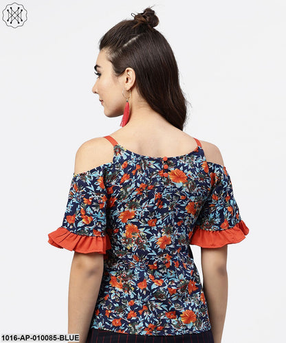 Blue Floral Printed Top With Round Neck And Cold Shoulders