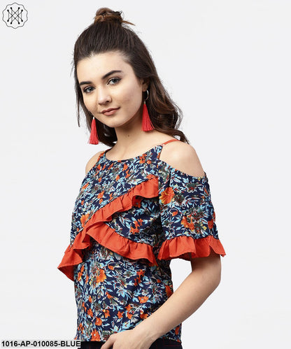 Blue Floral Printed Top With Round Neck And Cold Shoulders