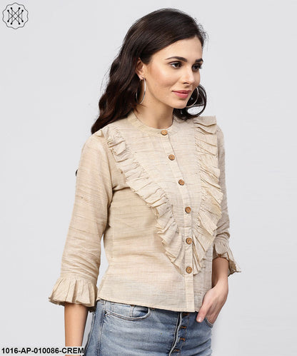 Ruffled Yoke With Open Center Placket Top With Pleated Sleeves And Madarin Collar