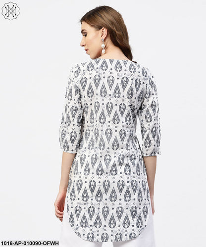 Off White Printed Long Top With Front Placket And 3/4 Sleeves