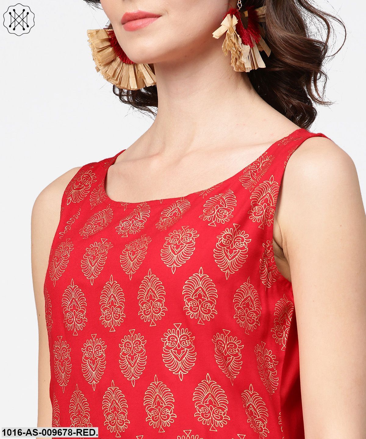 Red Printed Sleeveless Cotton Low High Tunic