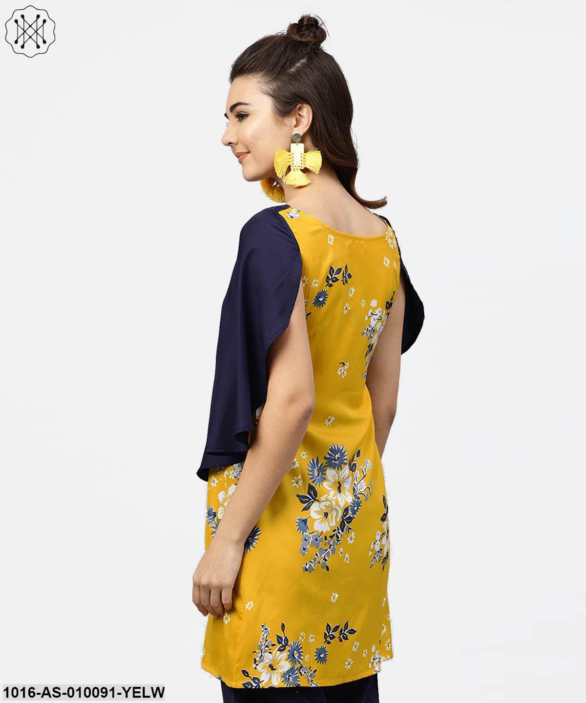 Yellow Printed Tunic With Attached Cape Sleeves And V-Neck