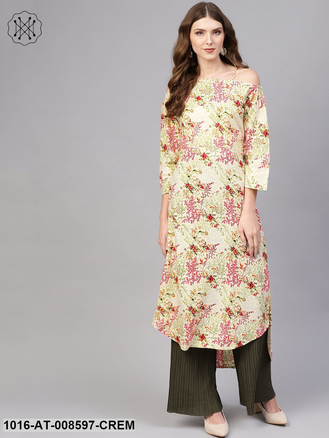 Cream Multi Coloured Floral Printed High- Low Straight Kurta