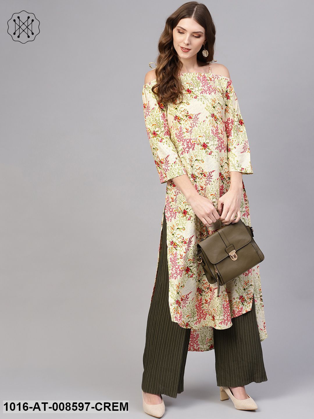 Cream Multi Coloured Floral Printed High- Low Straight Kurta