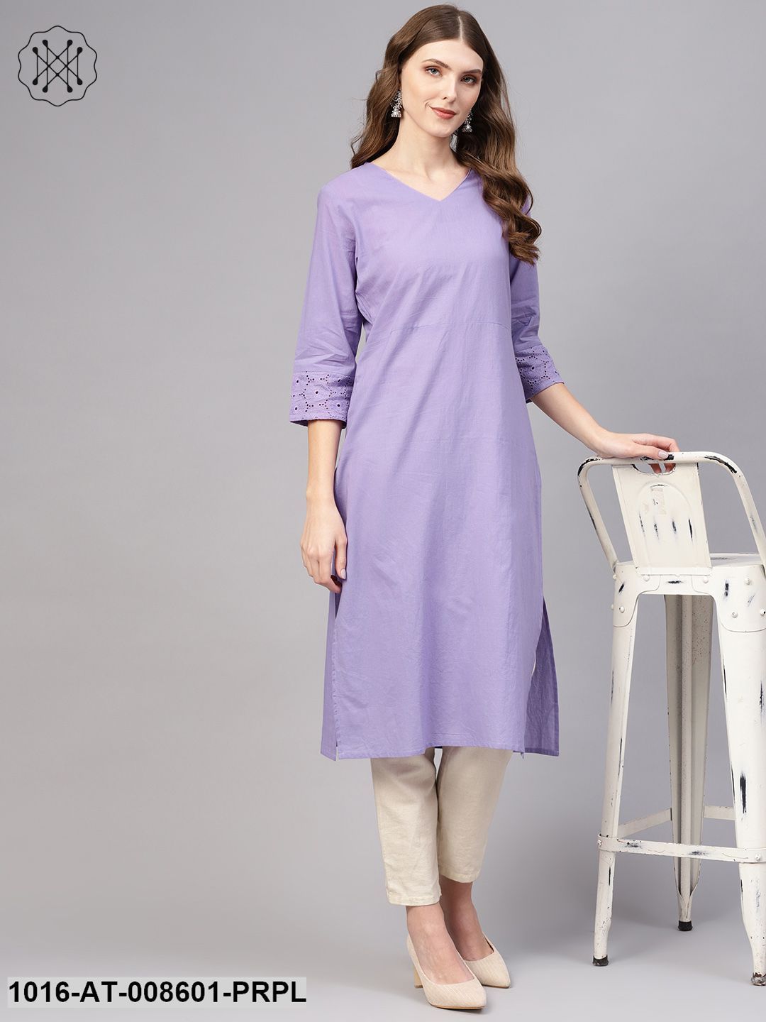 Purple Straight Kurta With V-Neck & Schifli Cuffed Sleeves