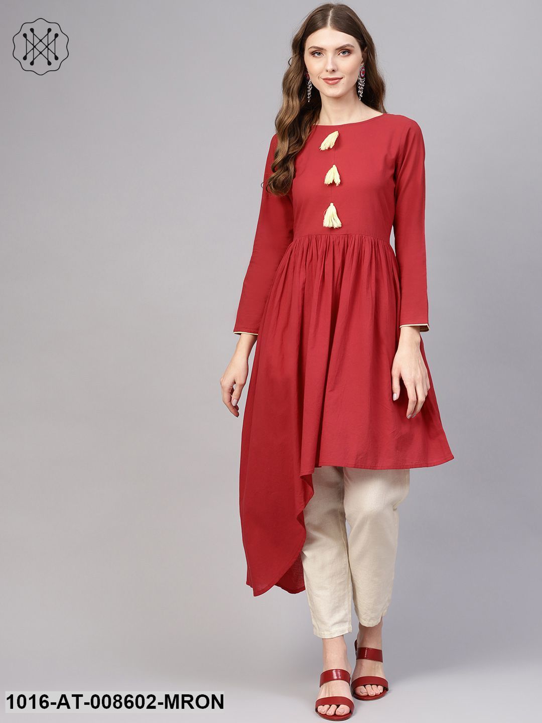 Maroon Asymmetric Gathered Kurta With Round Neck Full Sleeves