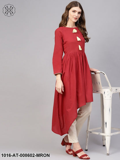 Maroon Asymmetric Gathered Kurta With Round Neck Full Sleeves