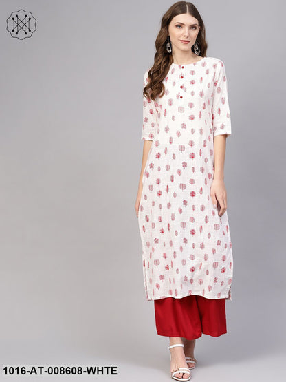 White & Red Printed Kurta With Round Neck & 3/4 Sleeves