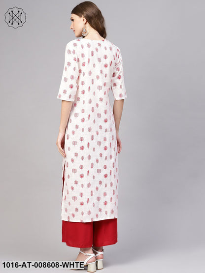 White & Red Printed Kurta With Round Neck & 3/4 Sleeves