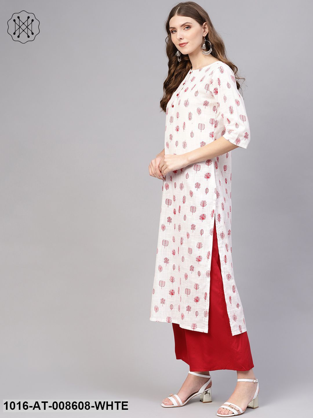 White & Red Printed Kurta With Round Neck & 3/4 Sleeves