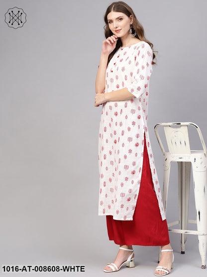 White & Red Printed Kurta With Round Neck & 3/4 Sleeves