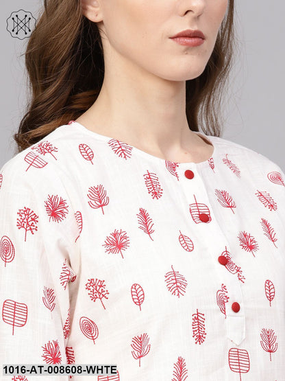 White & Red Printed Kurta With Round Neck & 3/4 Sleeves