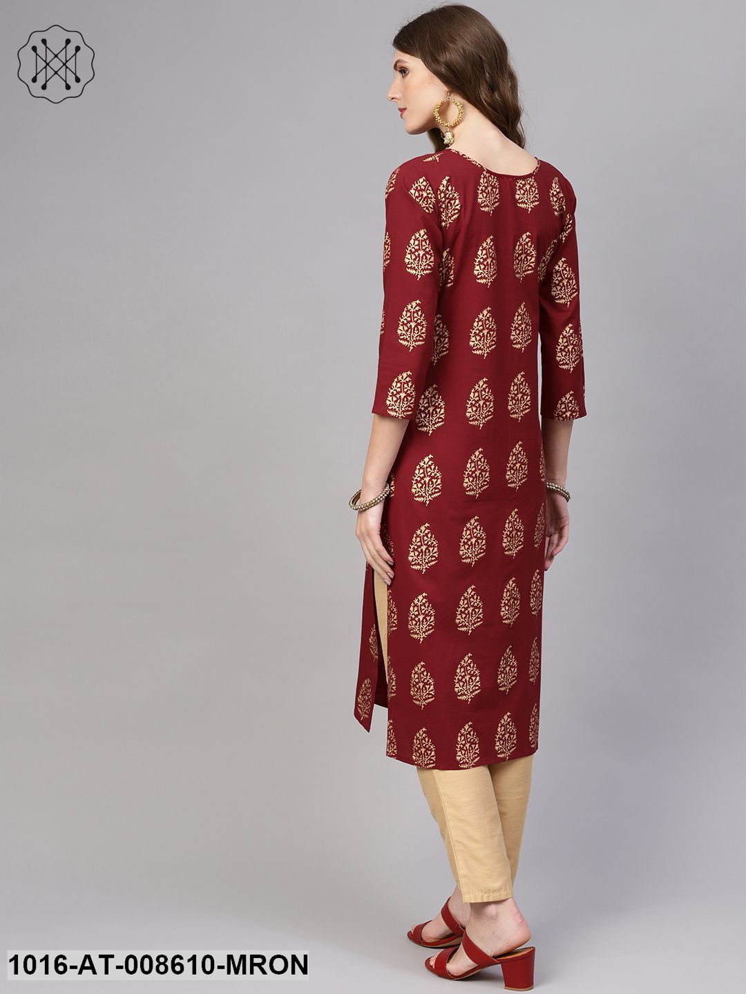 Maroon Gold Straight Printed Kurta With Round Neck & 3/4 Sleeves