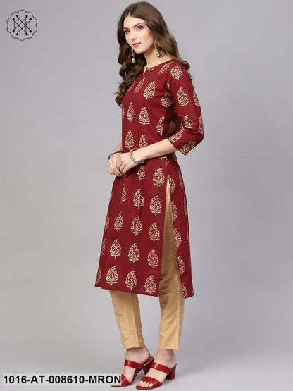 Maroon Gold Straight Printed Kurta With Round Neck & 3/4 Sleeves