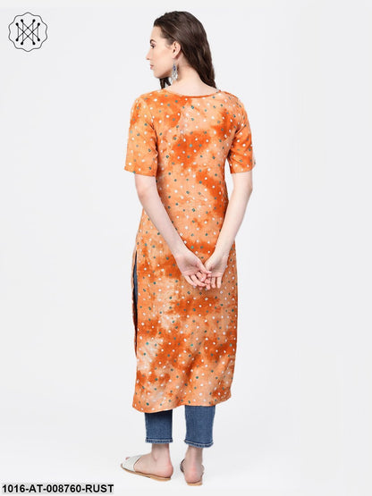 Rusty Orange Bandhni Straight kurta with Round neck & Half sleeves