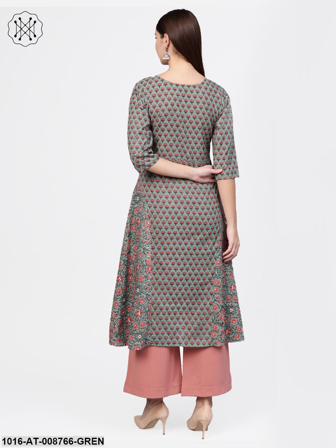 Sage green Floral Printed A-line kurta with Boat Neck & 3/4 sleeves