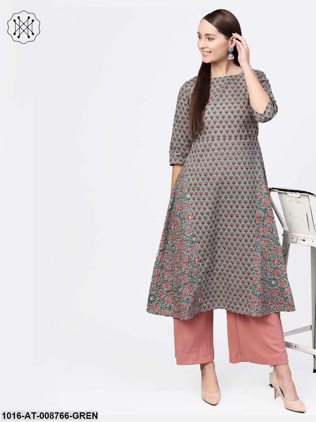 Sage green Floral Printed A-line kurta with Boat Neck & 3/4 sleeves