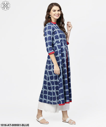 Blue Printed 3/4Th Sleeve Cotton Anarkali Kurta