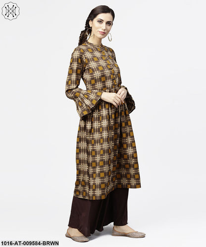 Coffee Brown & Yellow Full Sleeve Cotton Anarkali Kurta