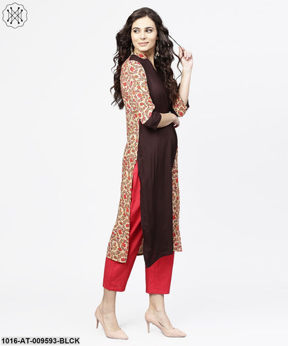 Black & Red Printed 3/4Th Sleeve Cotton Straight Kurta