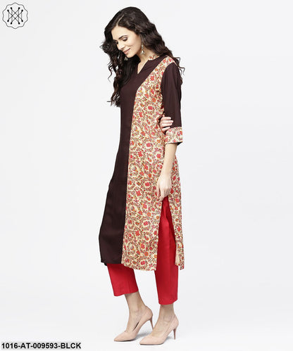 Black & Red Printed 3/4Th Sleeve Cotton Straight Kurta