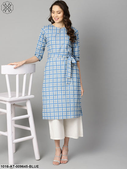 Blue Colored Checkered Boat Neck With Front Keyhole Kurta With Reversible Belt.