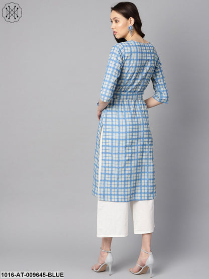 Blue Colored Checkered Boat Neck With Front Keyhole Kurta With Reversible Belt.