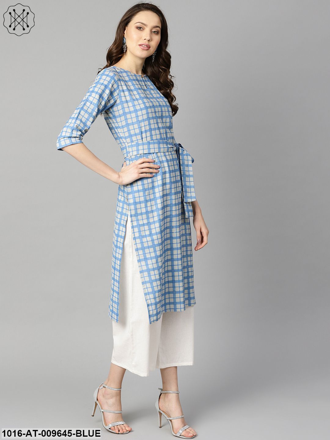 Blue Colored Checkered Boat Neck With Front Keyhole Kurta With Reversible Belt.