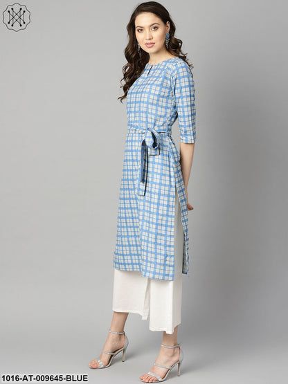 Blue Colored Checkered Boat Neck With Front Keyhole Kurta With Reversible Belt.