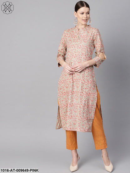 Floral Printed Straight Kurta With 3/4 Sleeves And Cut-Out Detailing