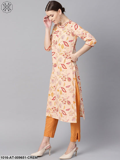 Cream Floral Printed Straight Kurta With Round Neck & 3/4 Sleeves