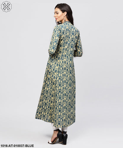 Green Printed Panelled Cut A-Line Kurta With Madarin Collar And Front Placket