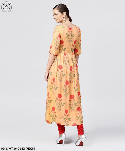 Peach Rayon Calf Length Kurta With Round Neck Front Placket