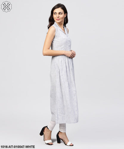 White Striped Kurta With Yoke And Notched Neck Line