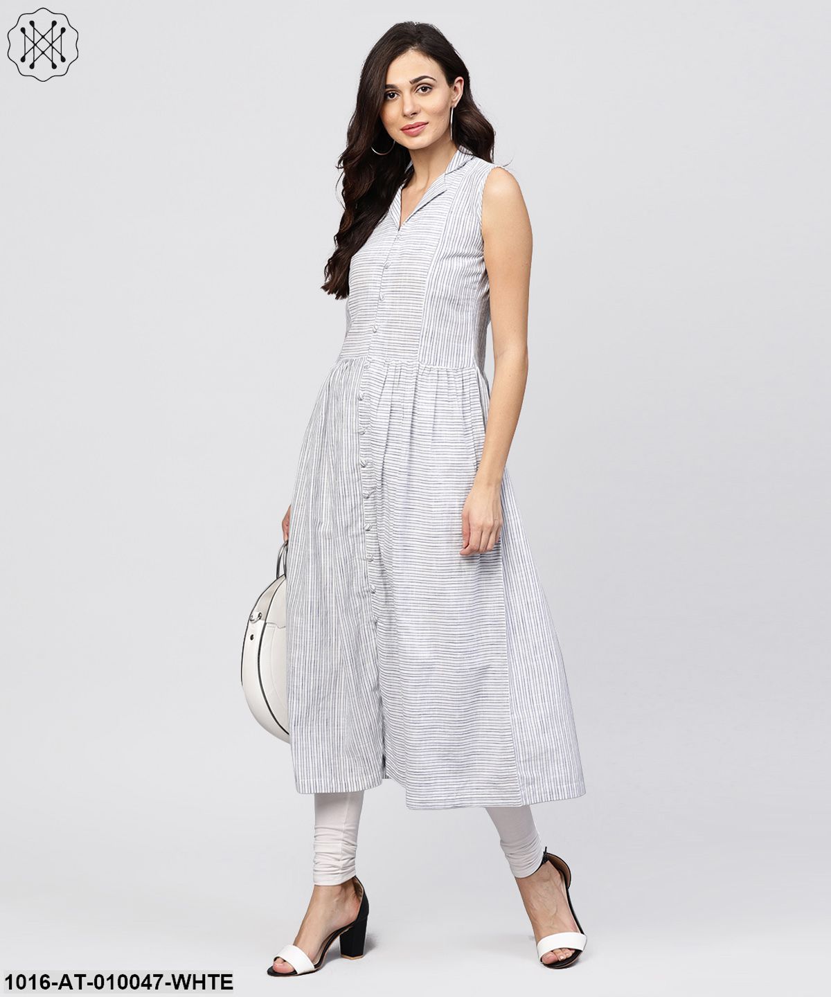 White Striped Kurta With Yoke And Notched Neck Line