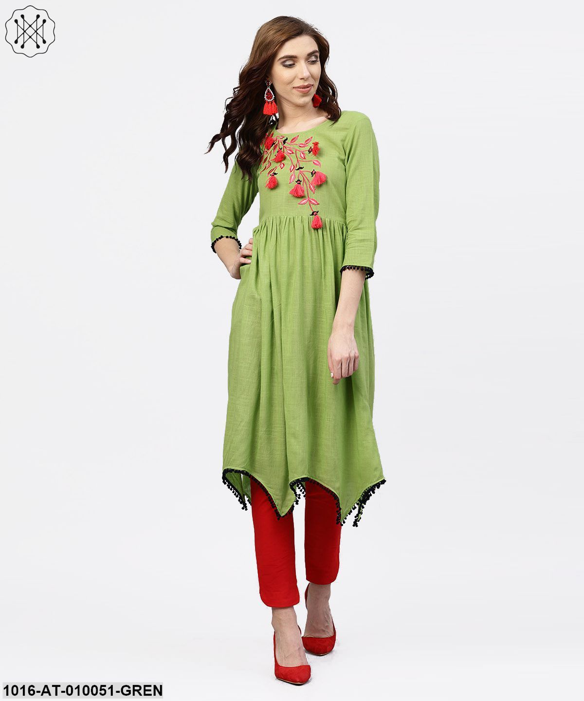 Parrot Green Embroidered A-Line Kurta WithRound Neck And 3/4 Sleeves