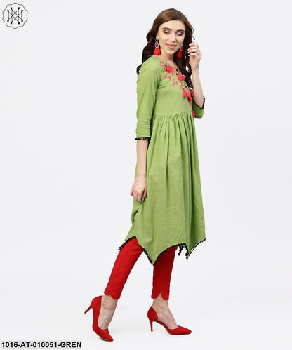 Parrot Green Embroidered A-Line Kurta WithRound Neck And 3/4 Sleeves