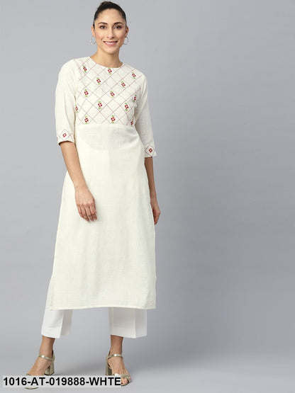 White & Red Floral Embroidered Straight Kurta