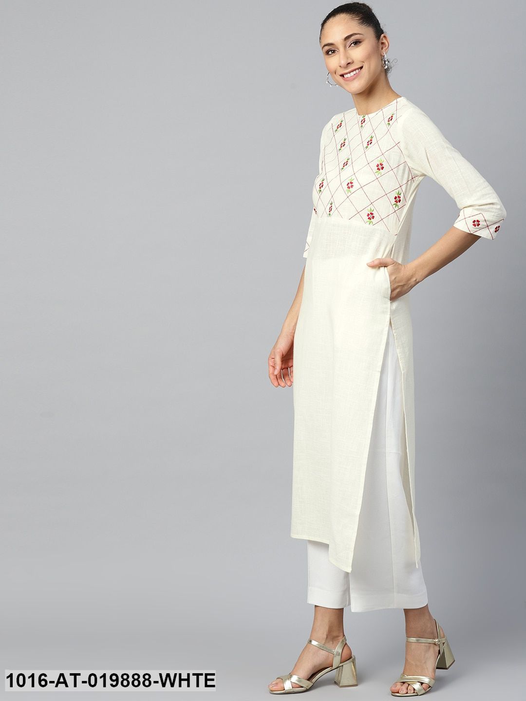 White & Red Floral Embroidered Straight Kurta