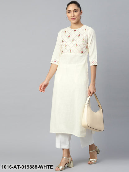 White & Red Floral Embroidered Straight Kurta