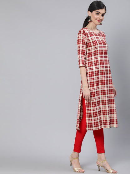 Women Cream & Red Checked Straight Kurta With Three Quarter Sleeves