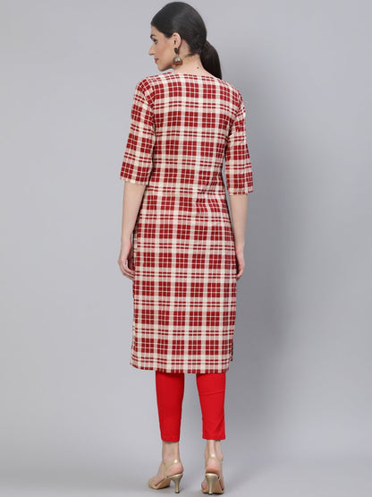 Women Cream & Red Checked Straight Kurta With Three Quarter Sleeves